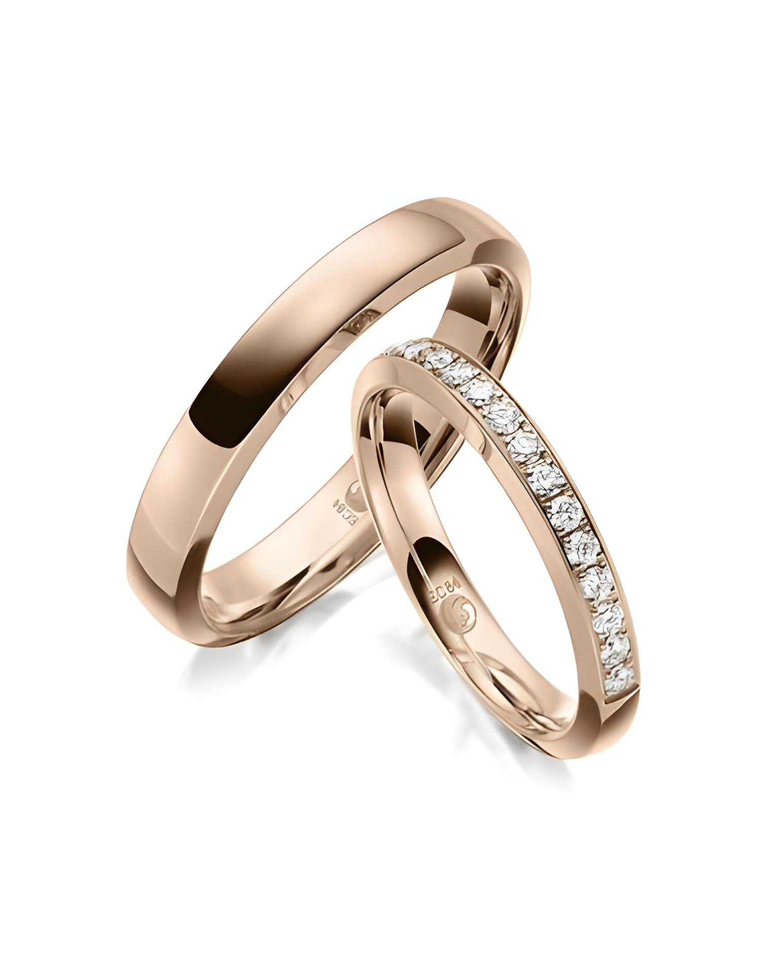 Anillos de boda en oro rosa con media corona de diamantes - Alianzas de boda - 


