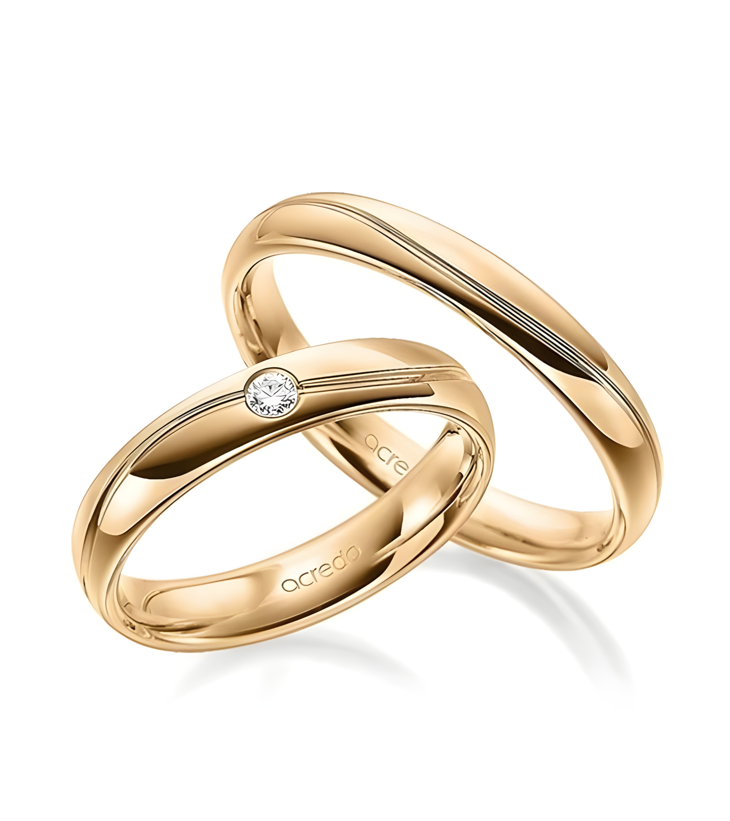 Anillos para la boda en oro rosa de 14 o 18K con un diamante y una división curvada - Alianzas de boda - 


