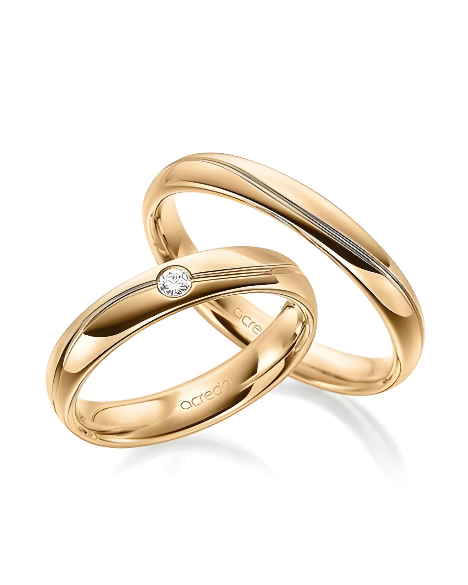 Anillos para la boda en oro rosa de 14 o 18K con un diamante y una división curvada - Alianzas de boda - 


