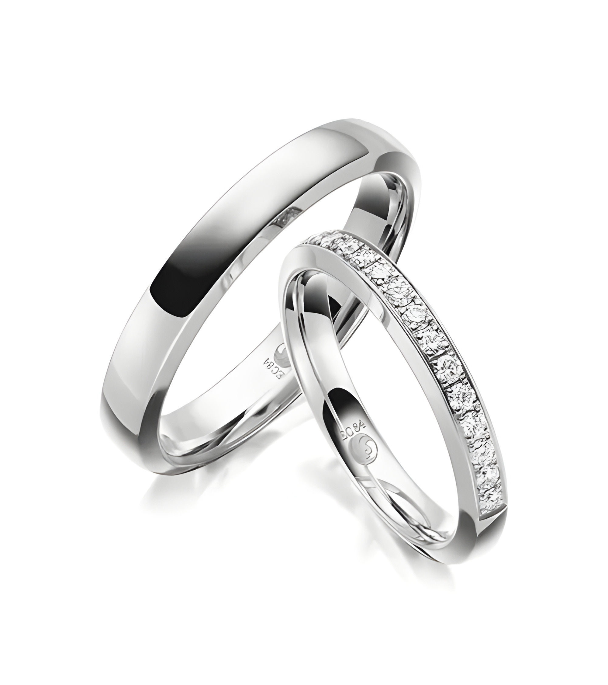 Pareja de anillos de boda brillantes en Platino con media corona de diamantes - Alianzas de boda - 

