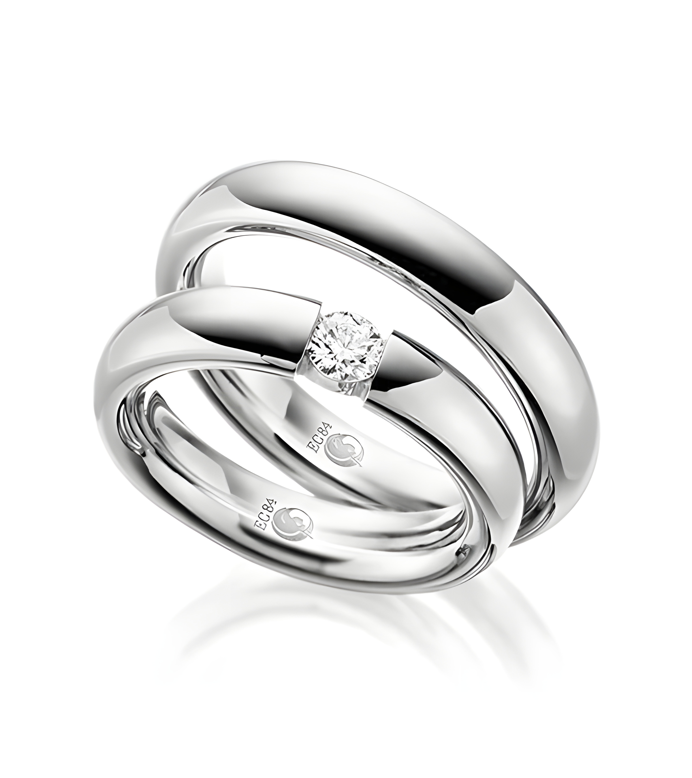 Alianzas de media caña en Platino con un diamante talla brillante - Alianzas de boda - 

