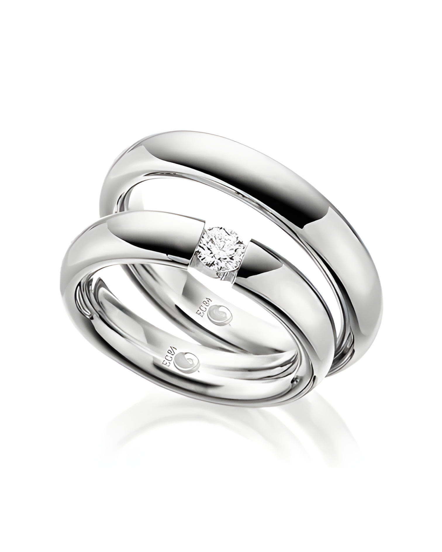 Alianzas de media caña en Platino con un diamante talla brillante - Alianzas de boda - 

