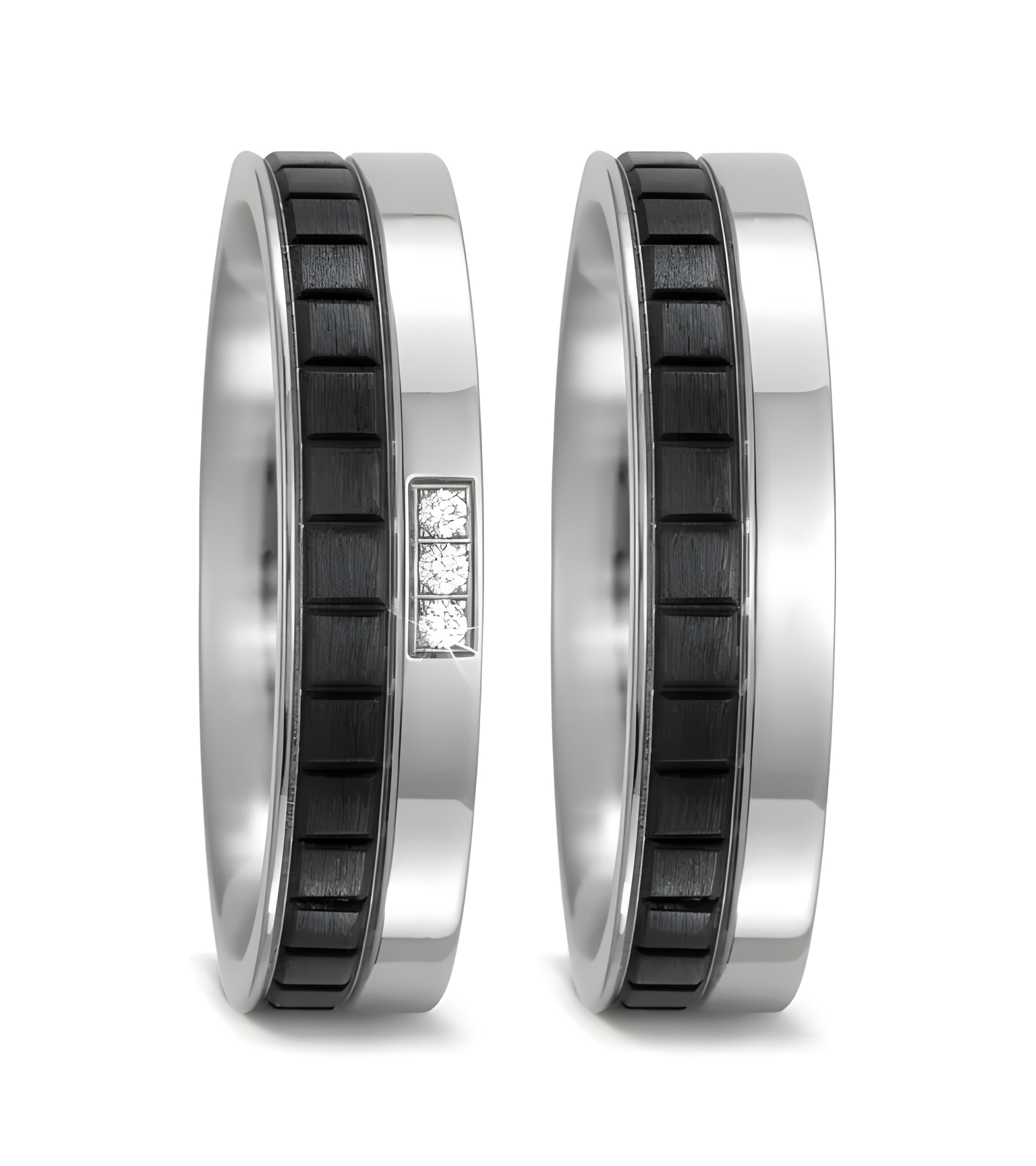 Par de anillos de carbono y titanio para la boda con 3 diamantes para ella - Alianzas de boda - 

