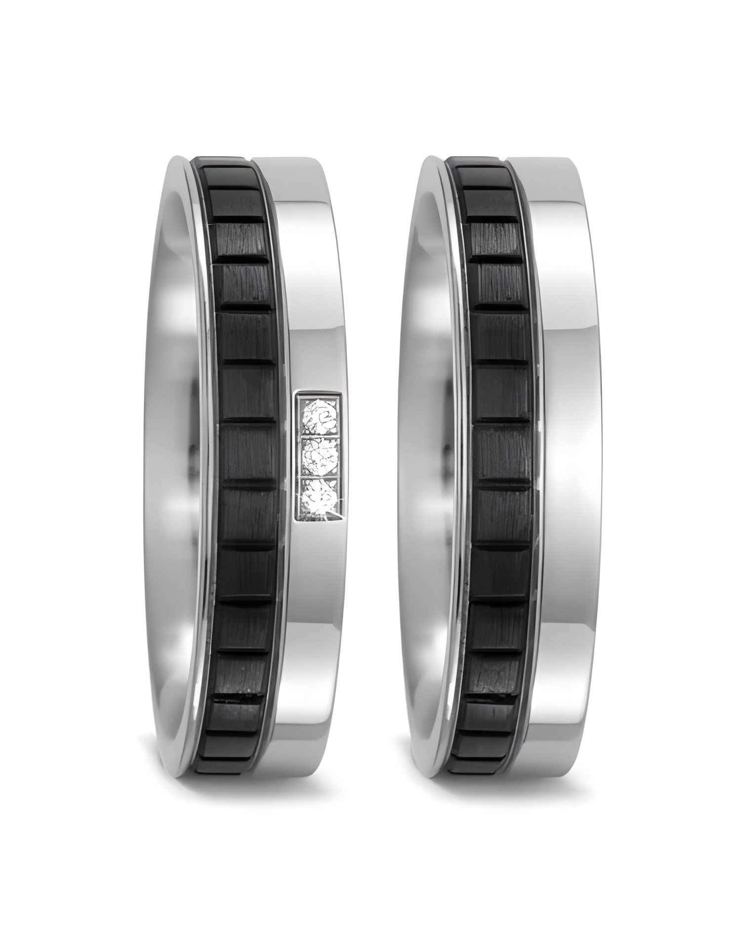 Par de anillos de carbono y titanio para la boda con 3 diamantes para ella - Alianzas de boda - 

