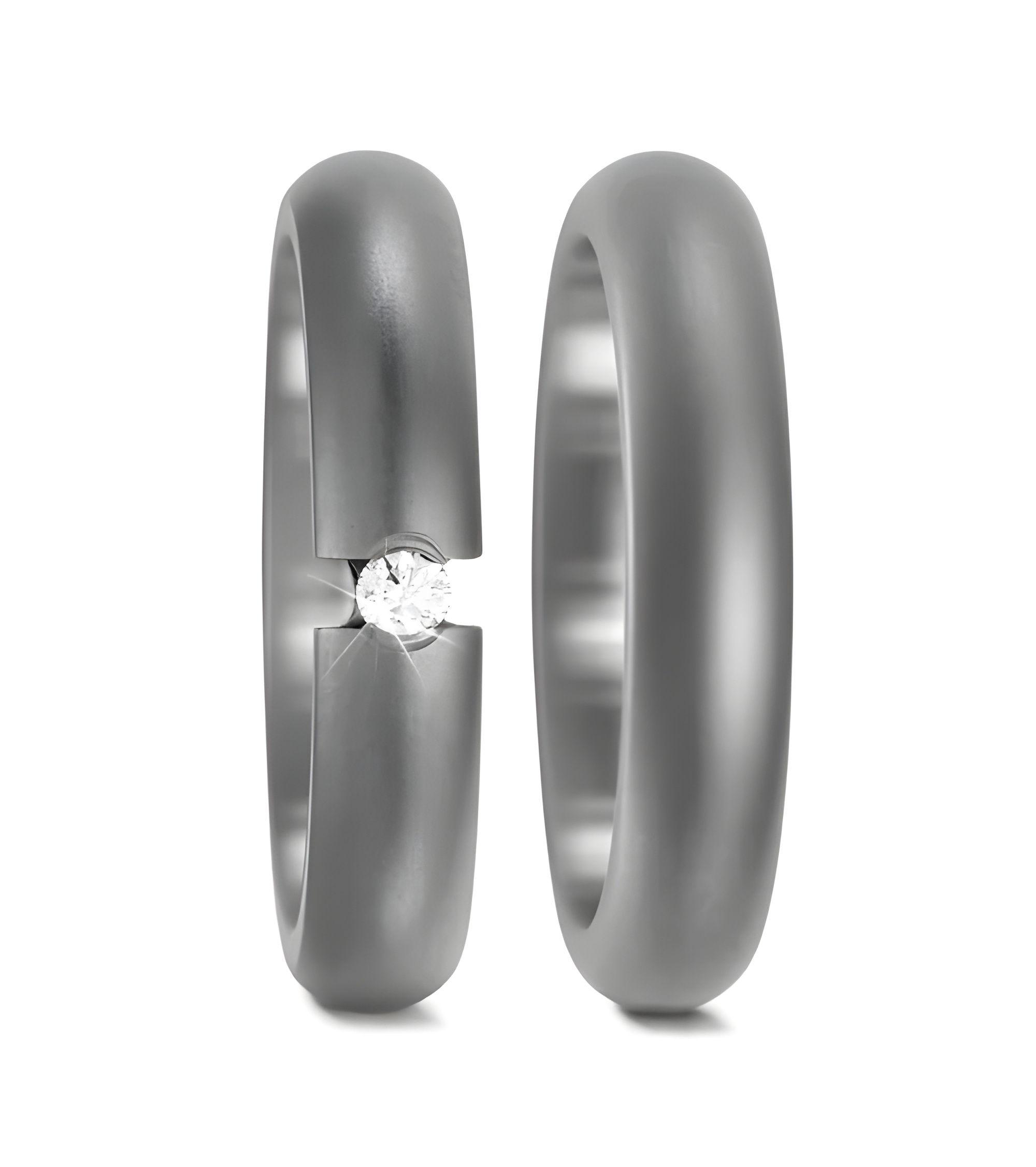 Anillos de titanio mate oscuro con un diamante redondo en tensión - Alianzas de boda - 

