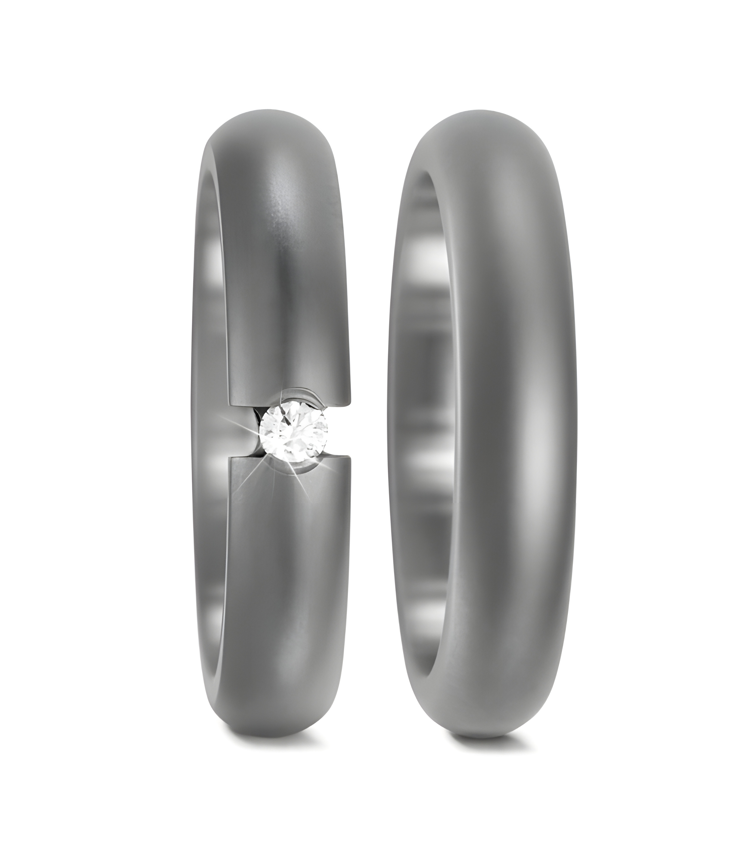 Anillos de titanio mate oscuro con un diamante redondo en tensión - Alianzas de boda - 

