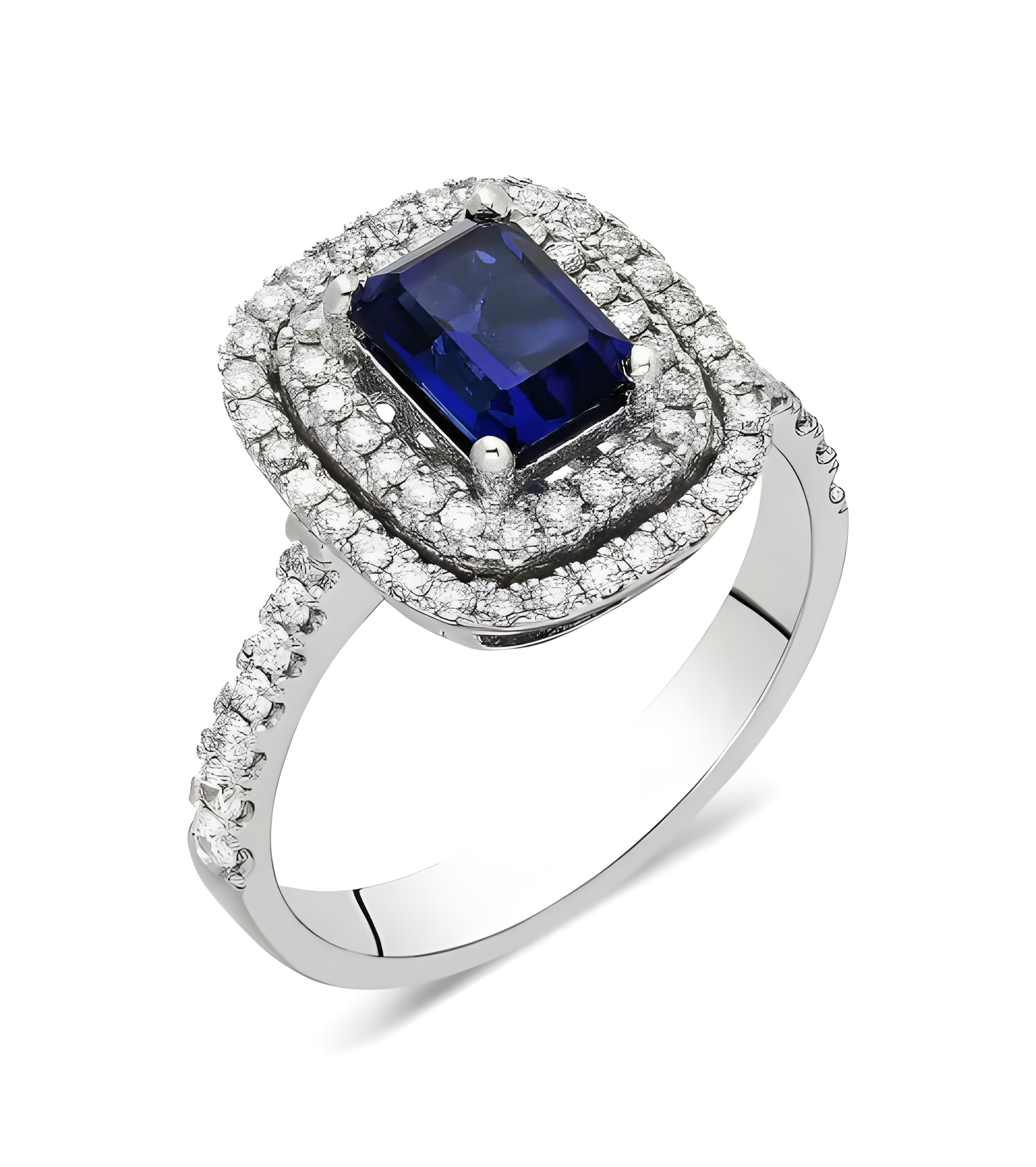 Anillo de compromiso halo con diamantes y zafiro | Staring