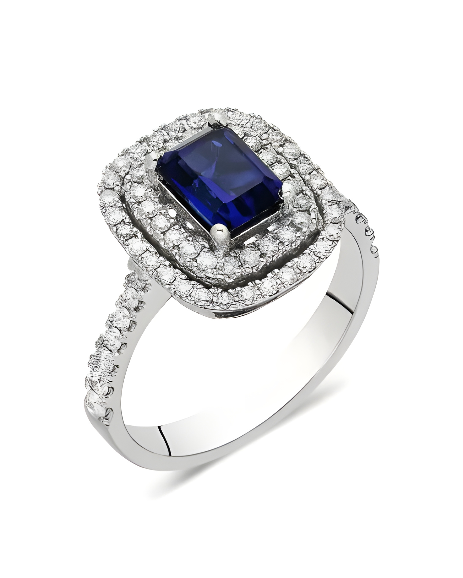 Anillo de compromiso halo con diamantes y zafiro | Staring