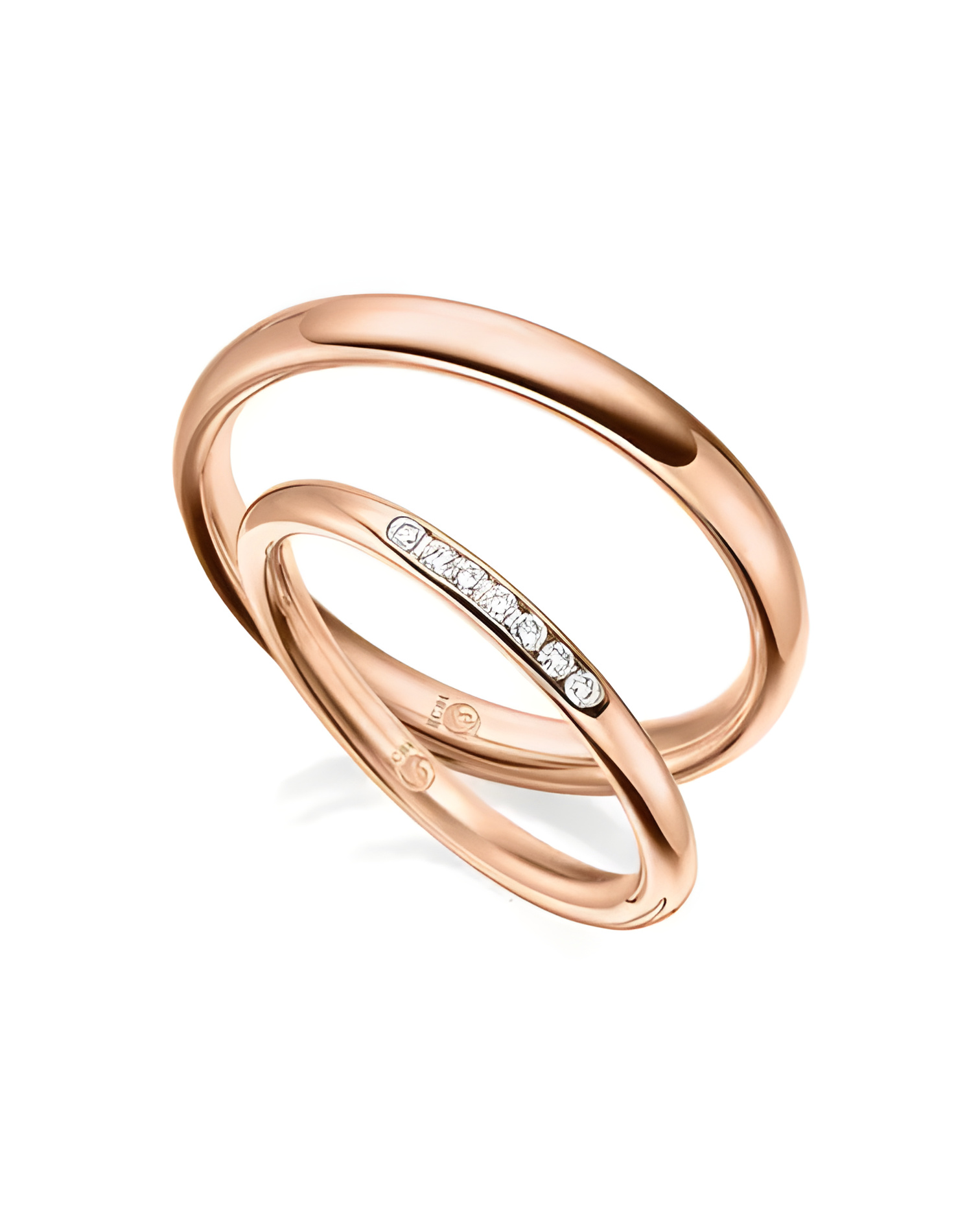 Finas alianzas de boda clásicas de oro rosa de 18K