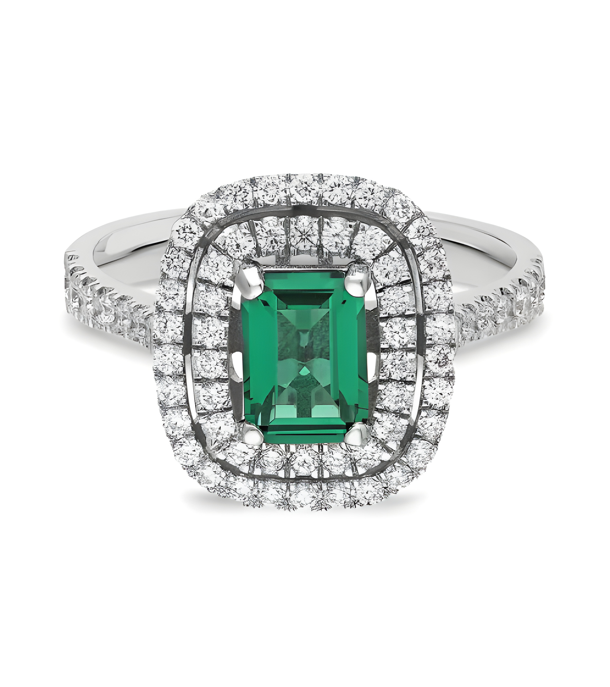 Anillo de compromiso halo con diamantes y esmeraldas| Staring