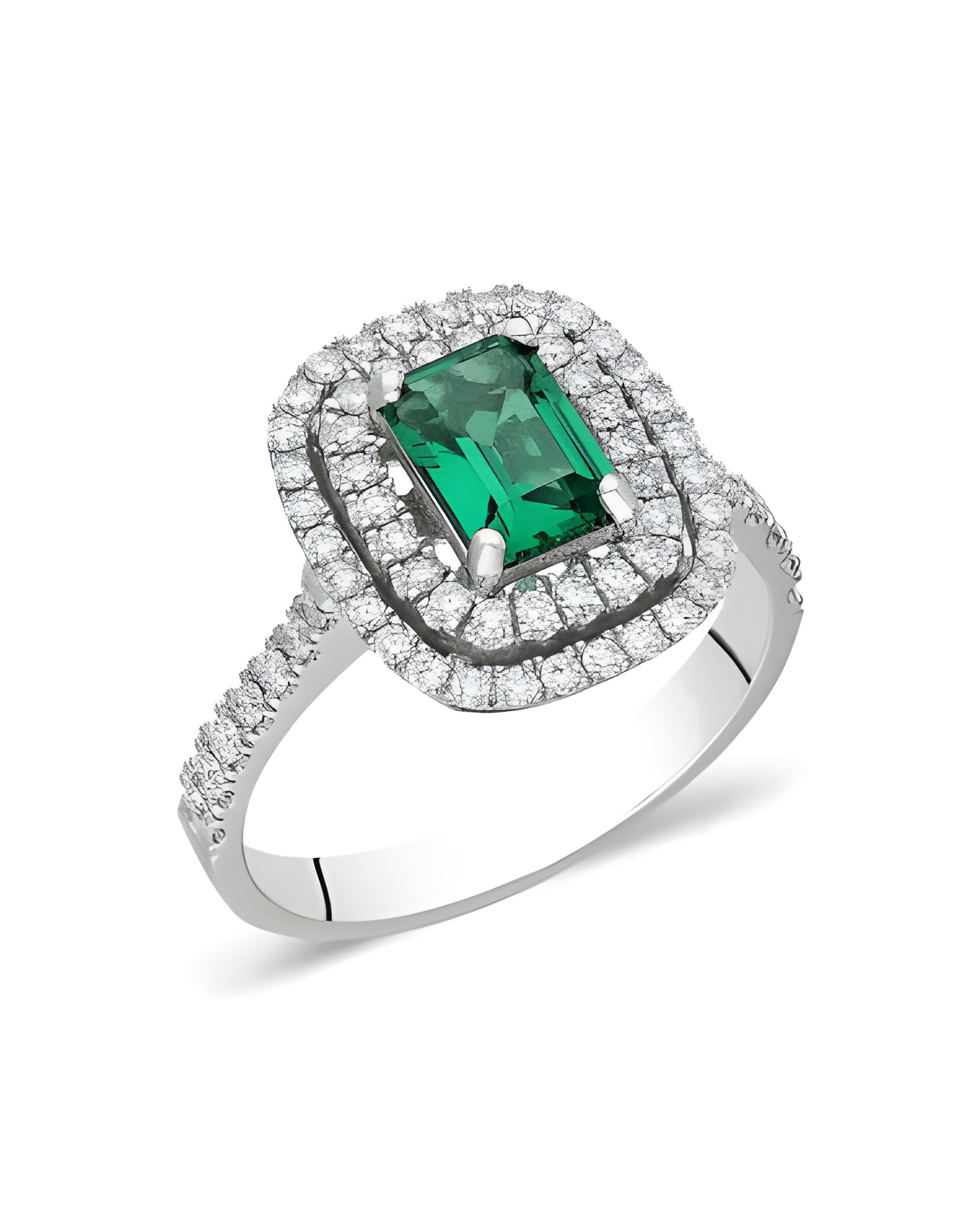 Anillo de compromiso halo con diamantes y esmeraldas| Staring